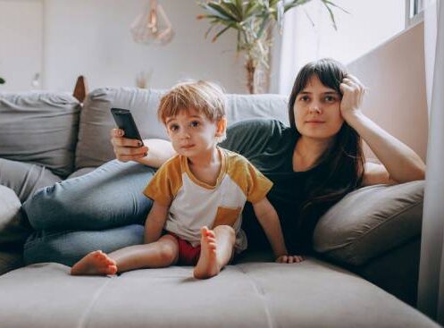 mother and son comfortable at home with air conditioning